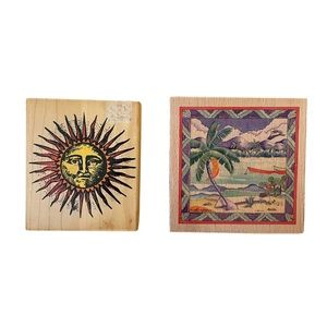 Inkadinkado Sun Whispers Tropical Beach Vintage Rubber Stamps 2 Wood Block 4”x4”